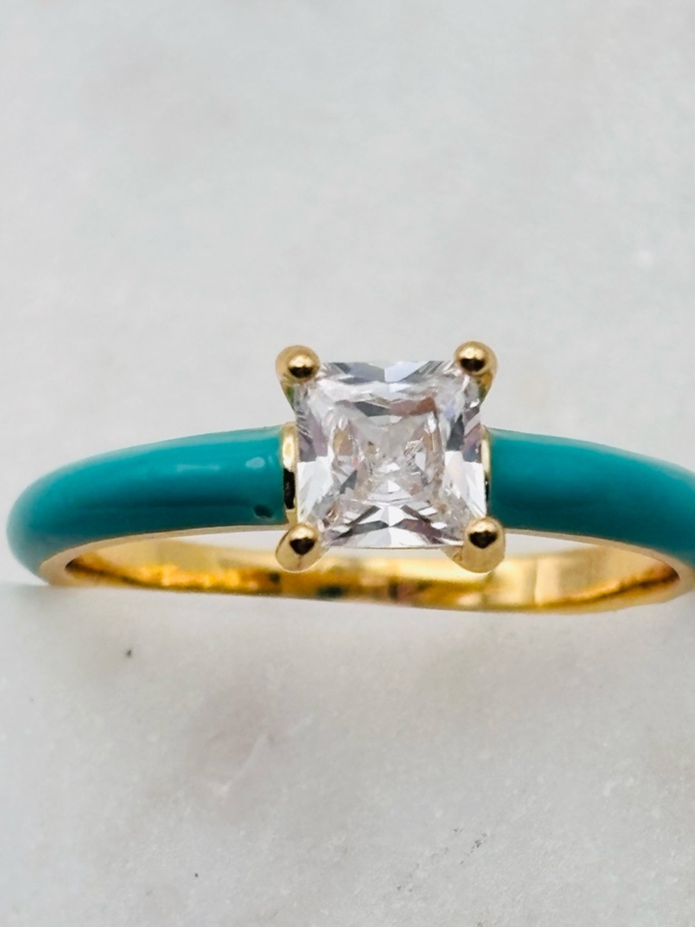 Gold Ring with Turquoise Enamel Band and Square Clear Stone size 7